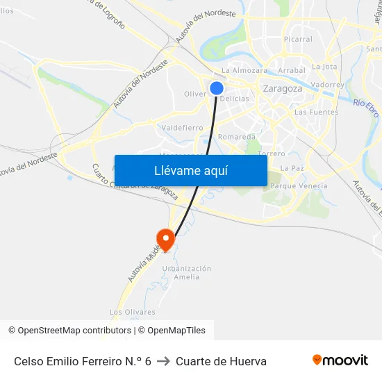 Celso Emilio Ferreiro N.º 6 to Cuarte de Huerva map