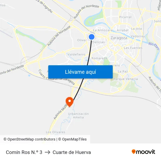 Comín Ros N.º 3 to Cuarte de Huerva map