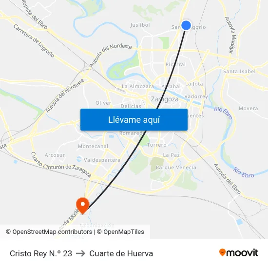 Cristo Rey N.º 23 to Cuarte de Huerva map