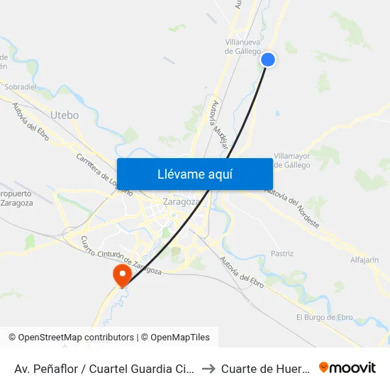 Av. Peñaflor / Cuartel Guardia Civil to Cuarte de Huerva map