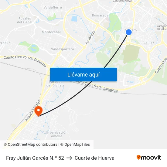 Fray Julián Garcés N.º 52 to Cuarte de Huerva map