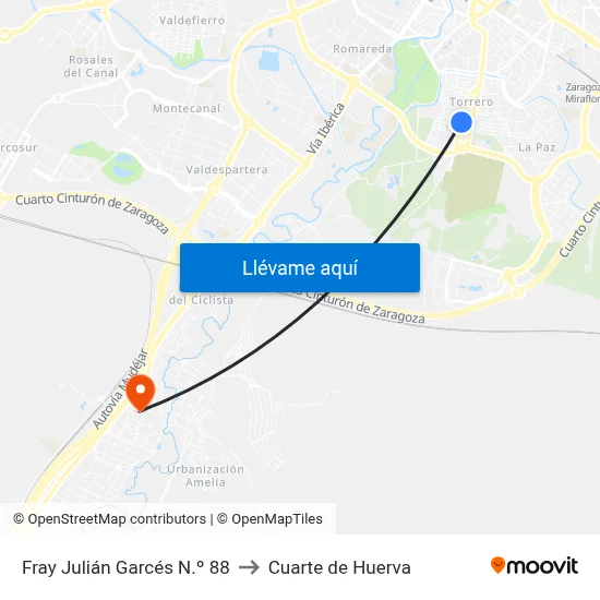 Fray Julián Garcés N.º 88 to Cuarte de Huerva map