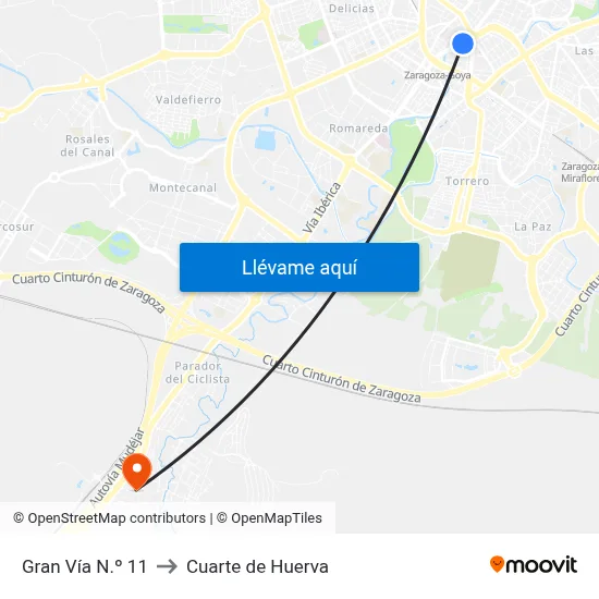 Gran Vía N.º 11 to Cuarte de Huerva map