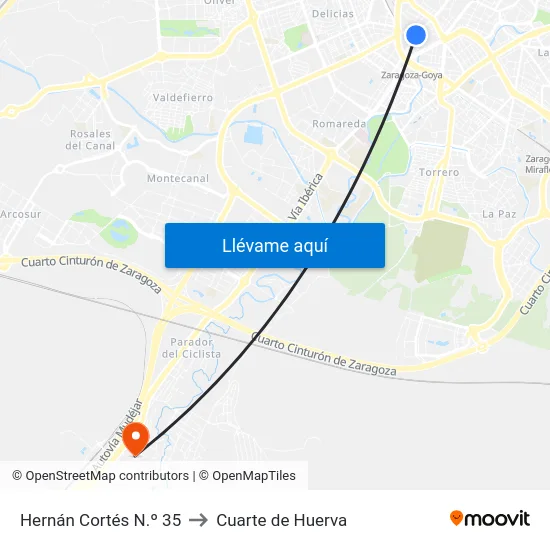 Hernán Cortés N.º 35 to Cuarte de Huerva map