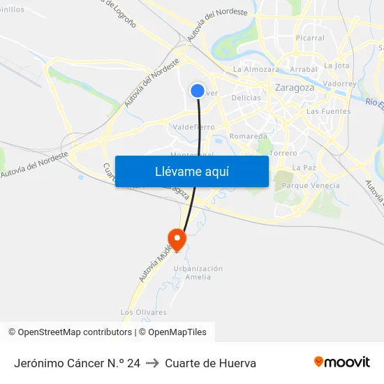 Jerónimo Cáncer N.º 24 to Cuarte de Huerva map