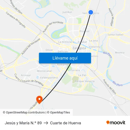 Jesús y María N.º 89 to Cuarte de Huerva map