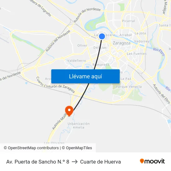 Av. Puerta de Sancho N.º 8 to Cuarte de Huerva map