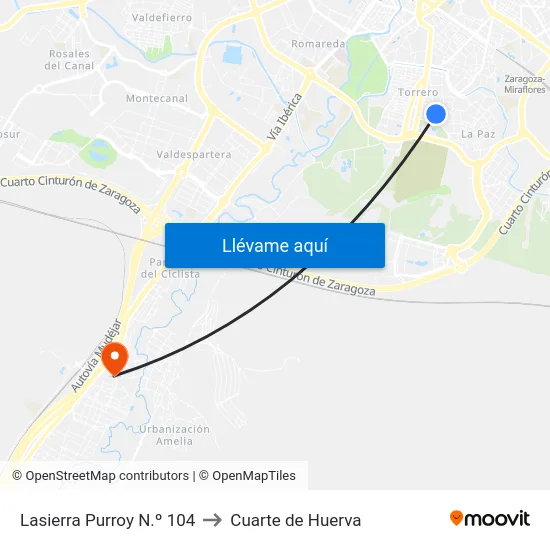 Lasierra Purroy N.º 104 to Cuarte de Huerva map