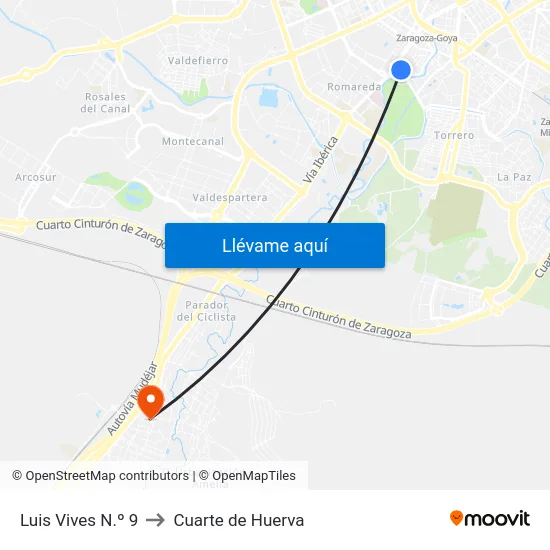 Luis Vives N.º 9 to Cuarte de Huerva map