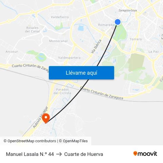 Manuel Lasala N.º 44 to Cuarte de Huerva map