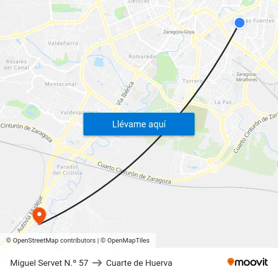 Miguel Servet N.º 57 to Cuarte de Huerva map