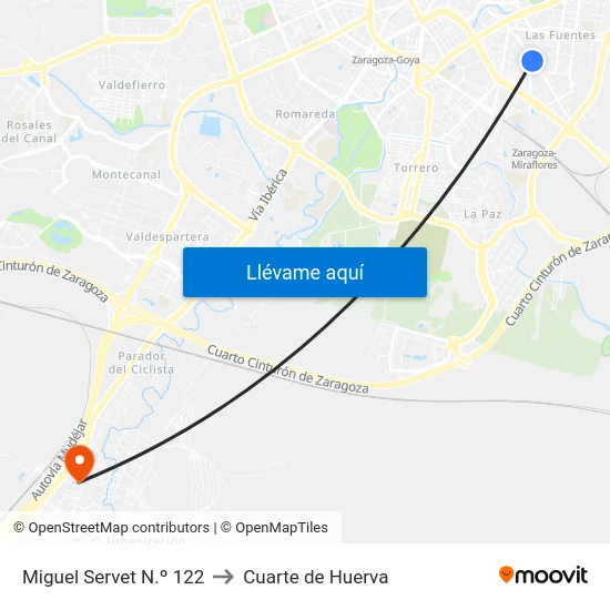 Miguel Servet N.º 122 to Cuarte de Huerva map