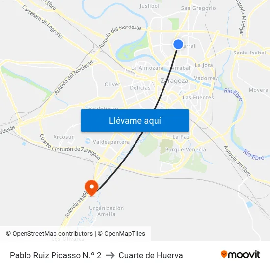 Pablo Ruiz Picasso N.º 2 to Cuarte de Huerva map