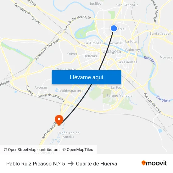 Pablo Ruiz Picasso N.º 5 to Cuarte de Huerva map