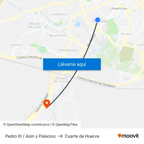 Pedro III / Asín y Palacios to Cuarte de Huerva map