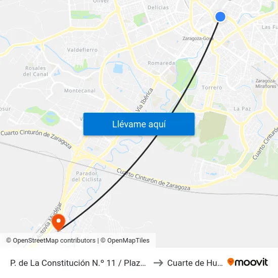 P. de La Constitución N.º 11 / Plaza Aragón to Cuarte de Huerva map