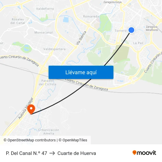 P. Del Canal N.º 47 to Cuarte de Huerva map
