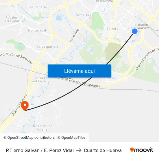 P.Tierno Galván / E. Pérez Vidal to Cuarte de Huerva map