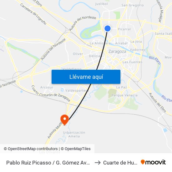 Pablo Ruiz Picasso / G. Gómez Avellaneda to Cuarte de Huerva map