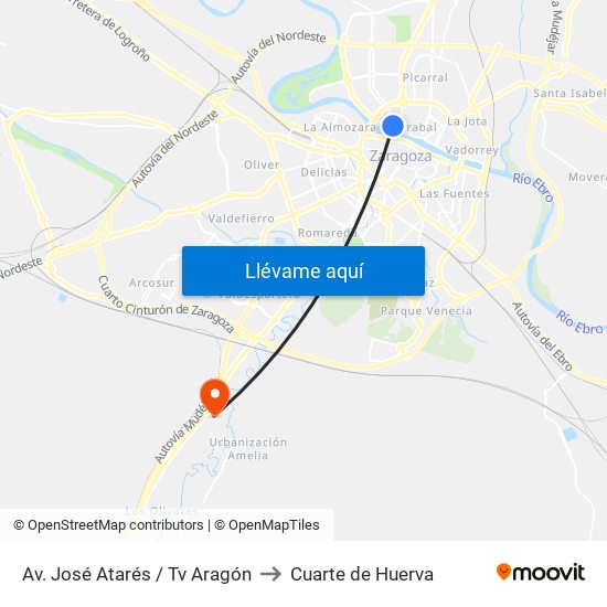 Av. José Atarés / Tv Aragón to Cuarte de Huerva map
