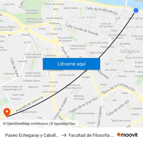 Paseo Echegaray y Caballero - S. Juan de Los Panetes to Facultad de Filosofía y Letras - Edificio Central map