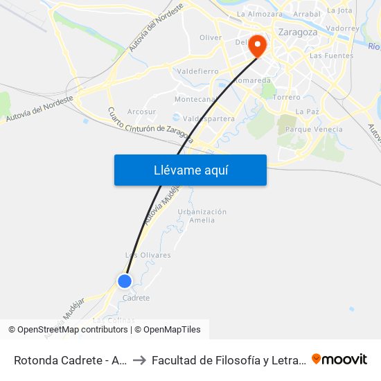 Rotonda Cadrete - Av. Zaragoza, 5 to Facultad de Filosofía y Letras - Edificio Central map