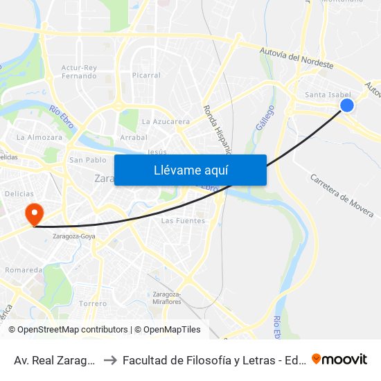 Av. Real Zaragoza, 65 to Facultad de Filosofía y Letras - Edificio Central map