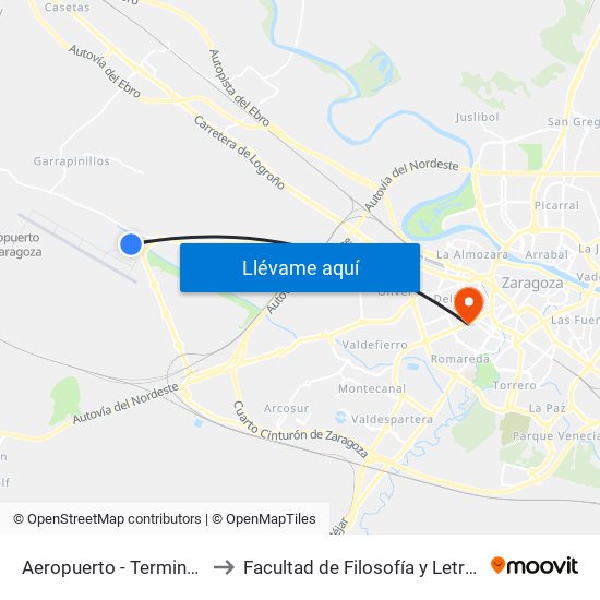 Aeropuerto - Terminal de Pasajeros to Facultad de Filosofía y Letras - Edificio Central map