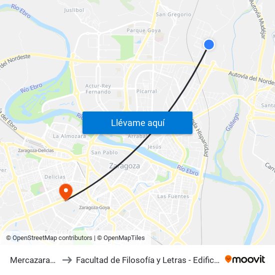 Mercazaragoza to Facultad de Filosofía y Letras - Edificio Central map