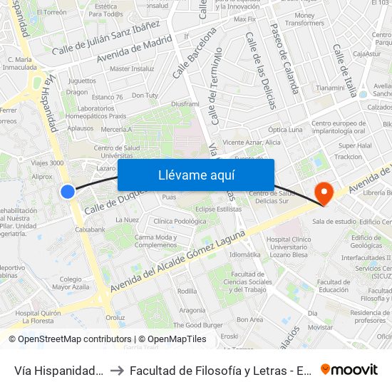 Vía Hispanidad N. º 73 to Facultad de Filosofía y Letras - Edificio Central map