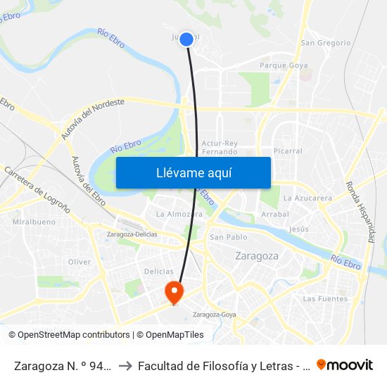 Zaragoza N. º 94 / Colegio to Facultad de Filosofía y Letras - Edificio Central map
