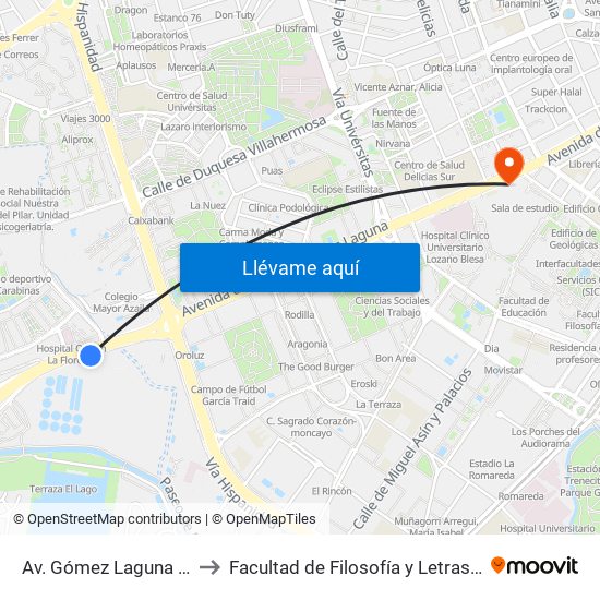 Av. Gómez Laguna / Depósitos to Facultad de Filosofía y Letras - Edificio Central map