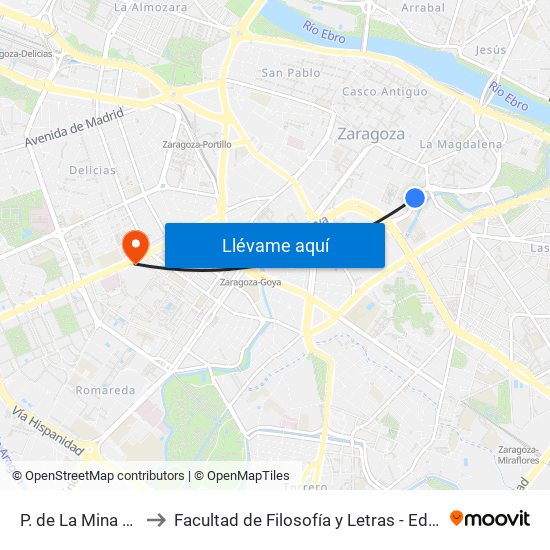 P. de La Mina N. º 15 to Facultad de Filosofía y Letras - Edificio Central map