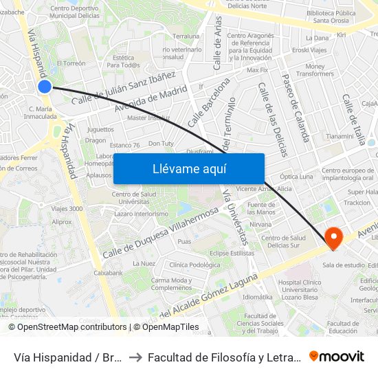 Vía Hispanidad / Brea de Aragón to Facultad de Filosofía y Letras - Edificio Central map