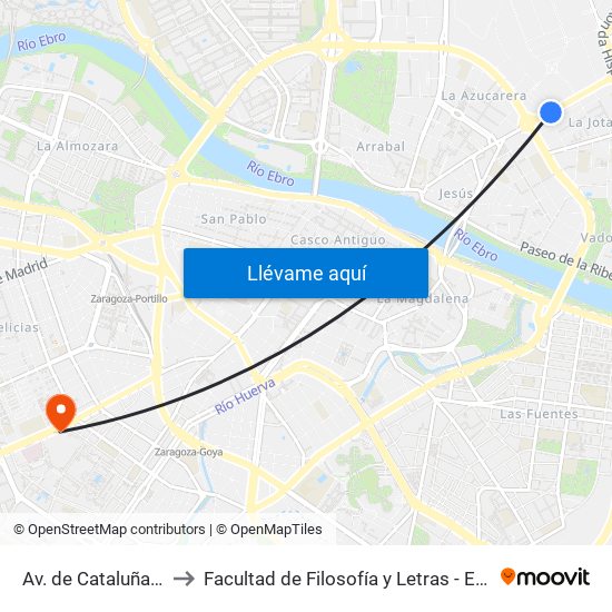 Av. de Cataluña N. º 98 to Facultad de Filosofía y Letras - Edificio Central map