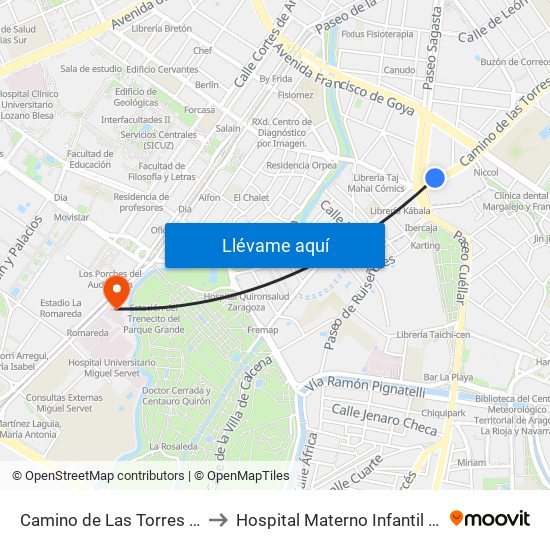 Camino de Las Torres N. º 116 to Hospital Materno Infantil Zaragoza map