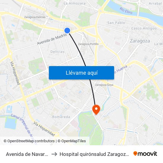 Avenida de Navarra Nº12 to Hospital quirónsalud Zaragoza-Urgencias map