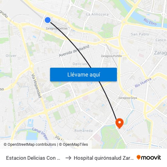 Estacion Delicias Con Acceso Llegadas to Hospital quirónsalud Zaragoza-Urgencias map