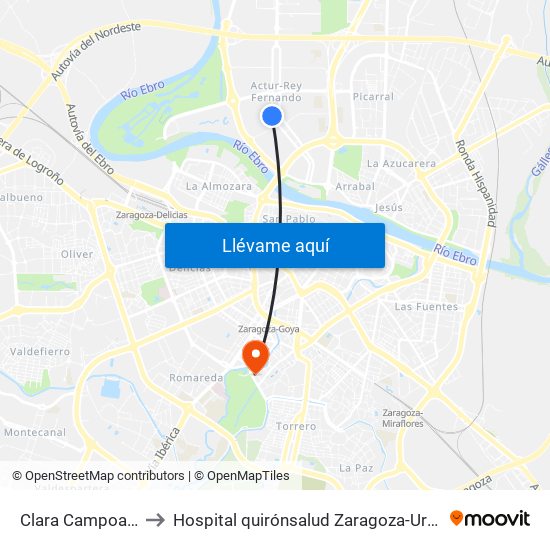 Clara Campoamor to Hospital quirónsalud Zaragoza-Urgencias map