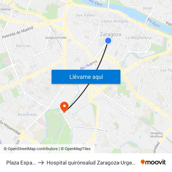 Plaza España to Hospital quirónsalud Zaragoza-Urgencias map