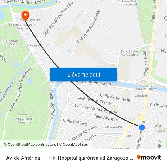 Av. de América N. º 27 to Hospital quirónsalud Zaragoza-Urgencias map