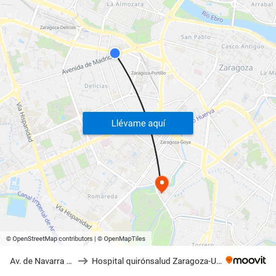 Av. de Navarra N. º 1 to Hospital quirónsalud Zaragoza-Urgencias map