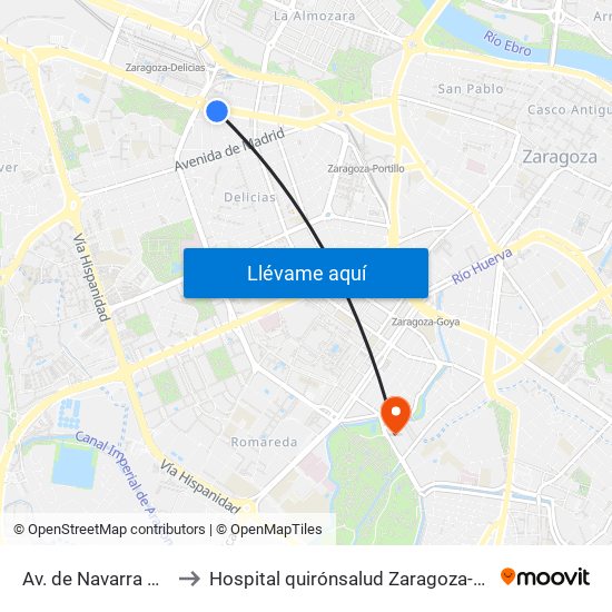 Av. de Navarra N. º 71 to Hospital quirónsalud Zaragoza-Urgencias map
