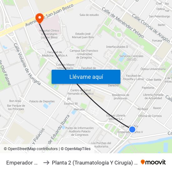 Emperador Carlos V to Planta 2 (Traumatología Y Cirugía) Hospital Clínico map