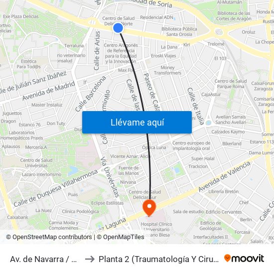 Av. de Navarra / Centro Cívico to Planta 2 (Traumatología Y Cirugía) Hospital Clínico map