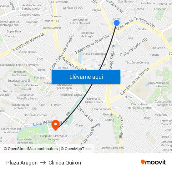 Plaza Aragón to Clínica Quirón map