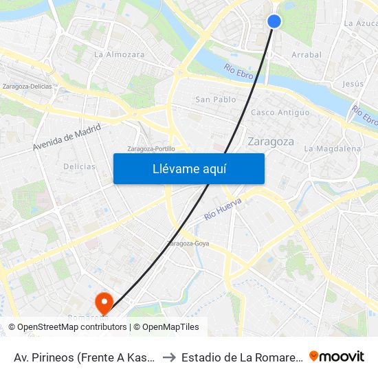 Av. Pirineos (Frente A Kasan) to Estadio de La Romareda map