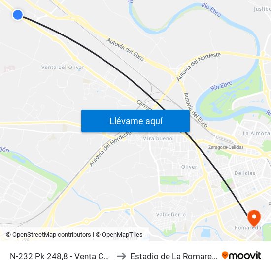 N-232 Pk 248,8 - Venta Cano to Estadio de La Romareda map
