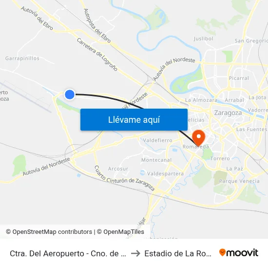 Ctra. Del Aeropuerto - Cno. de La Olmera to Estadio de La Romareda map