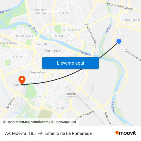 Av. Movera, 185 to Estadio de La Romareda map